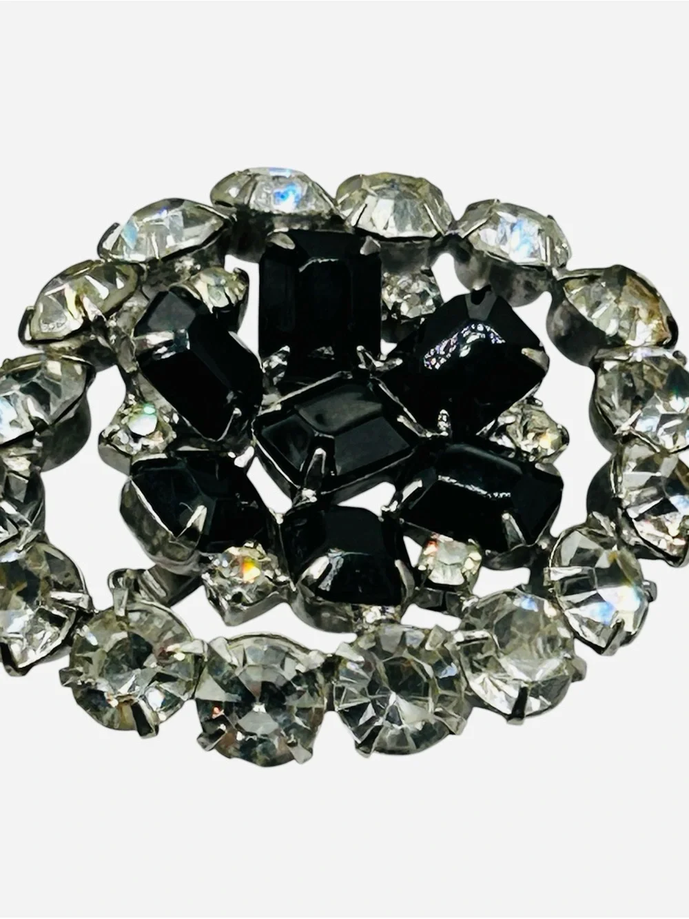 Vintage Black and Clear Rhinestone Oval Brooch